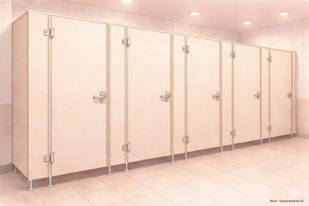 公共トイレの個室ブースが並んでいる様子