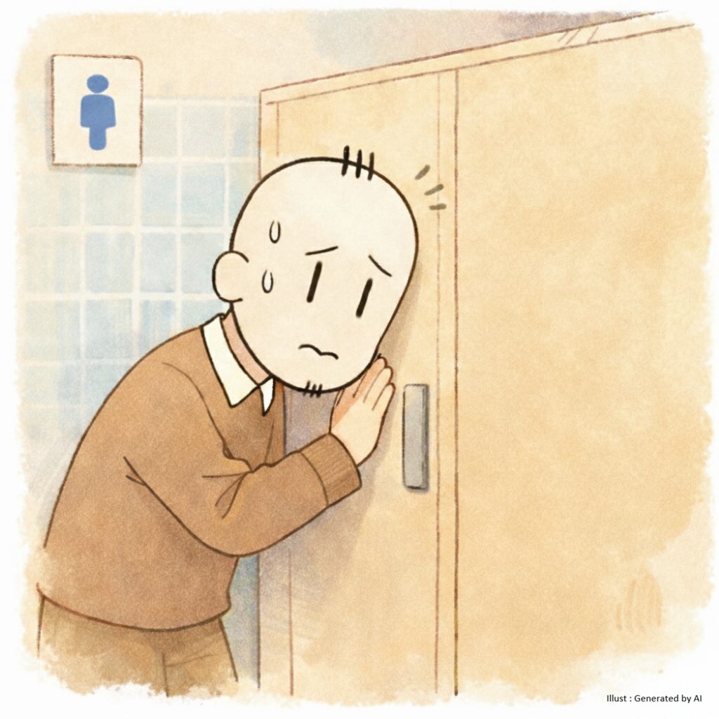 トイレの前で中の気配を確認している人物のイメージ